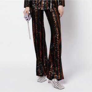 Zara Sequins Flared Semi Sheer Pants Sz S Blogger's Favorite Black Orange Party